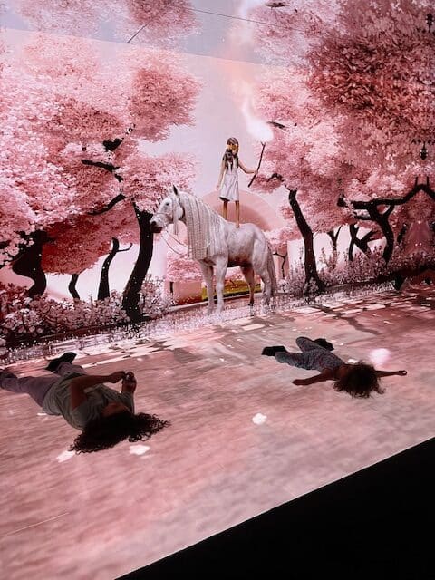 מבקרות במוזיאון מביטות בקיר דיגיטלי